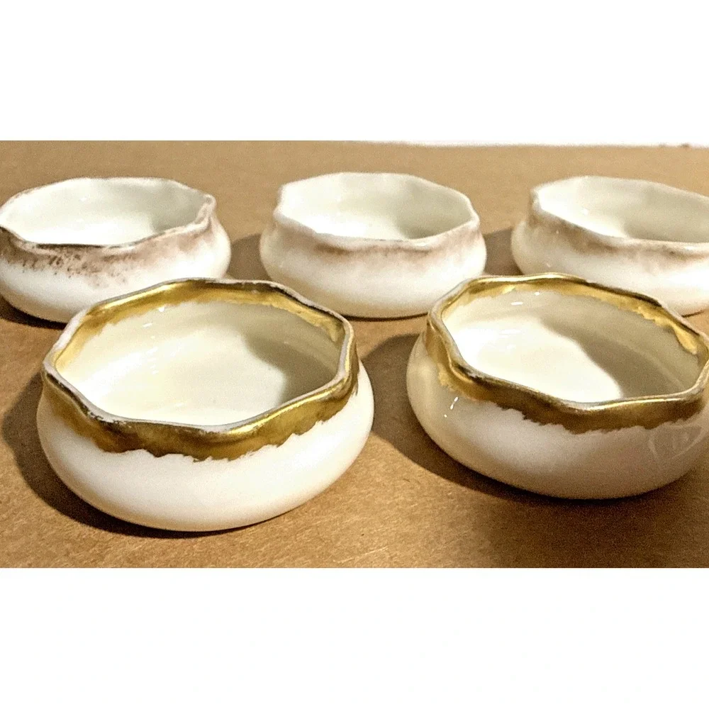 Vintage Belleek Open Salt Dish 5pc Set White Porcelain Gold Rim Ireland